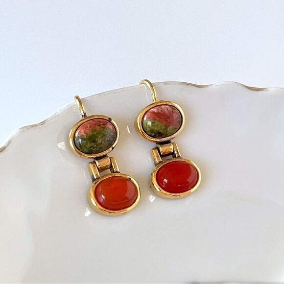 Vintage Roman Unakite Gemstone Earrings - Picture 3 of 4